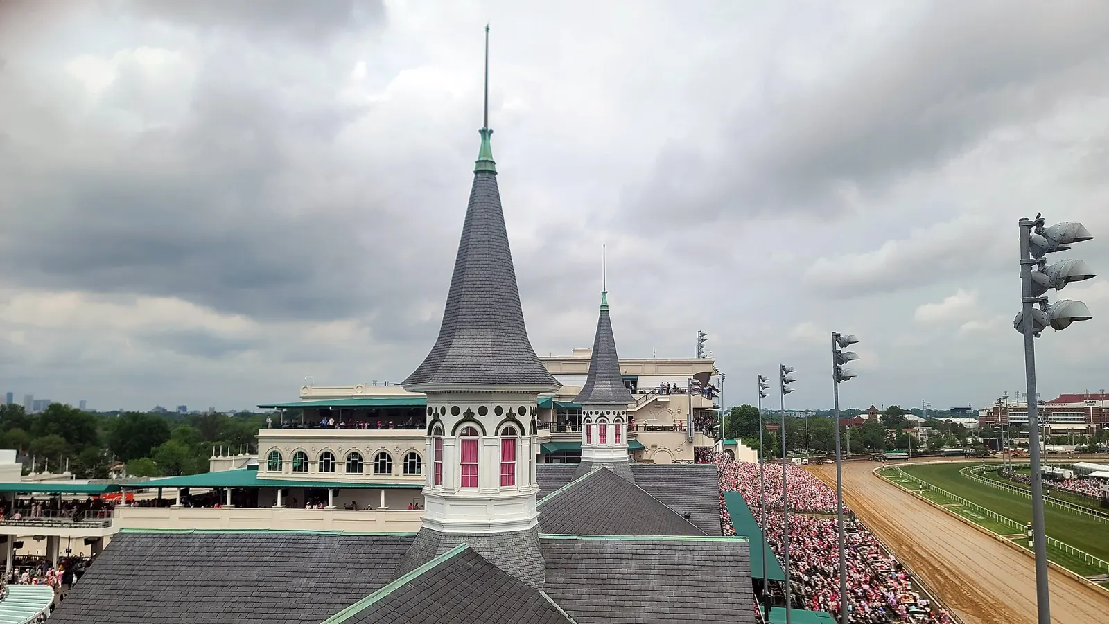 The twin spires atop the grandstand at Churchill Downs, home of the Kentucky Derby
