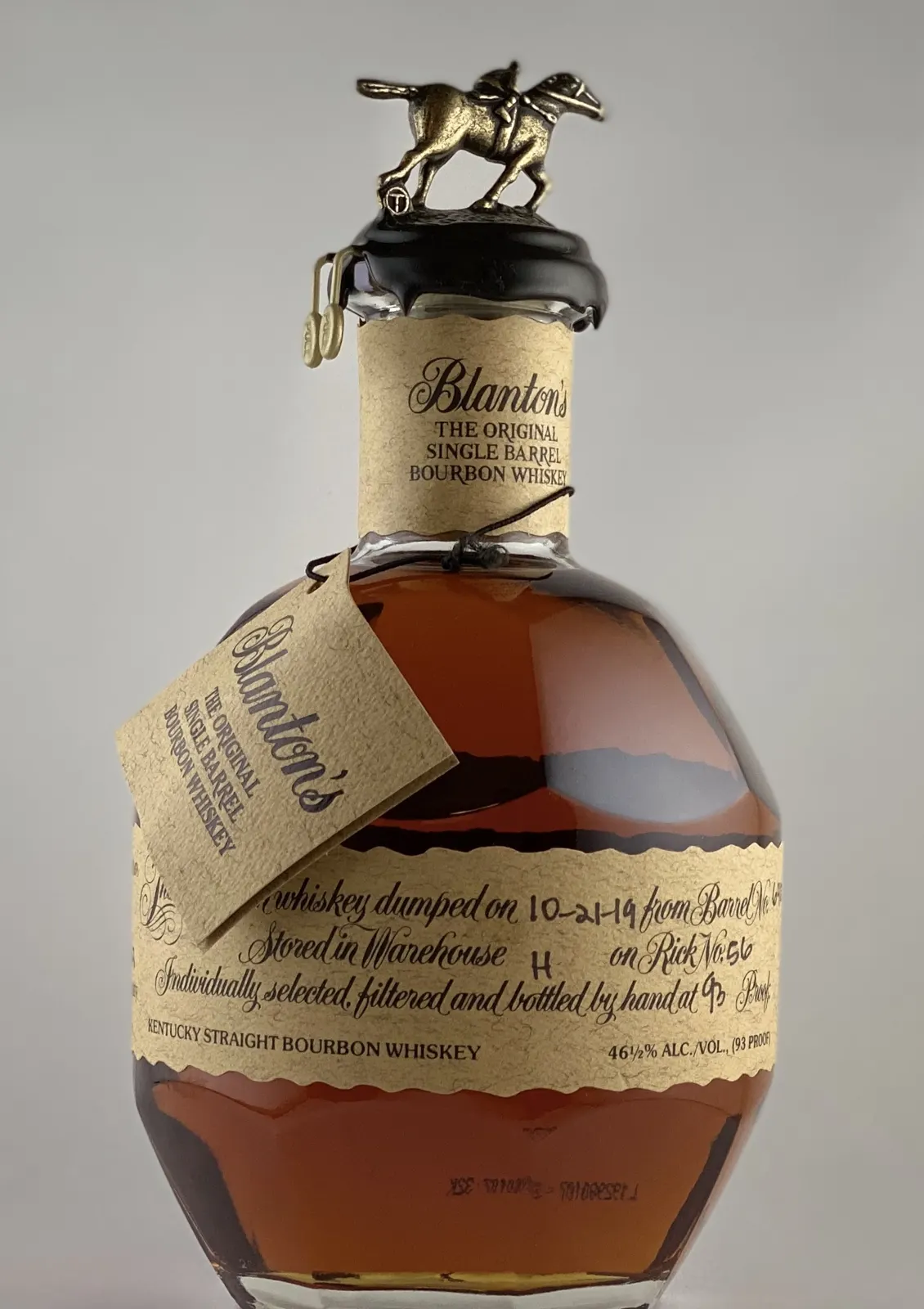 A bottle of Blanton's Single Barrel Bourbon with its horse-and-jockey stopper