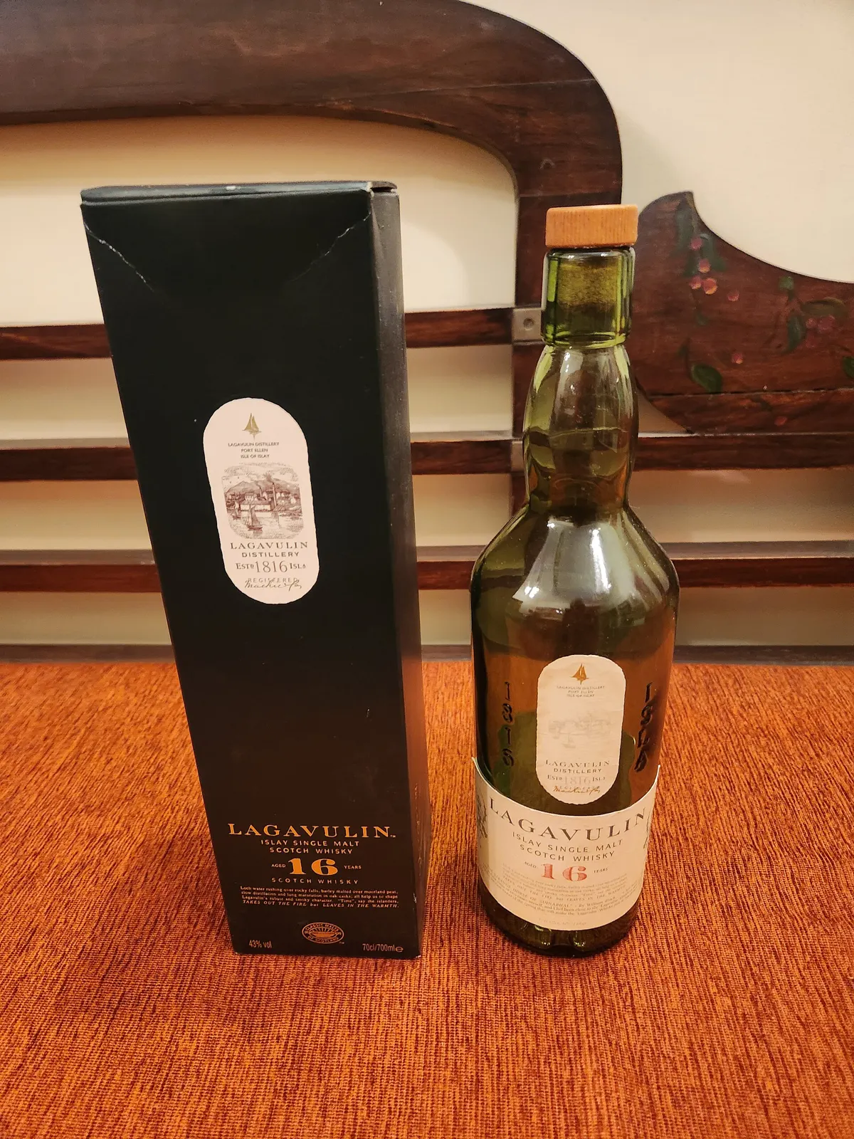 A bottle of Lagavulin 16 Year Old Islay single malt Scotch
