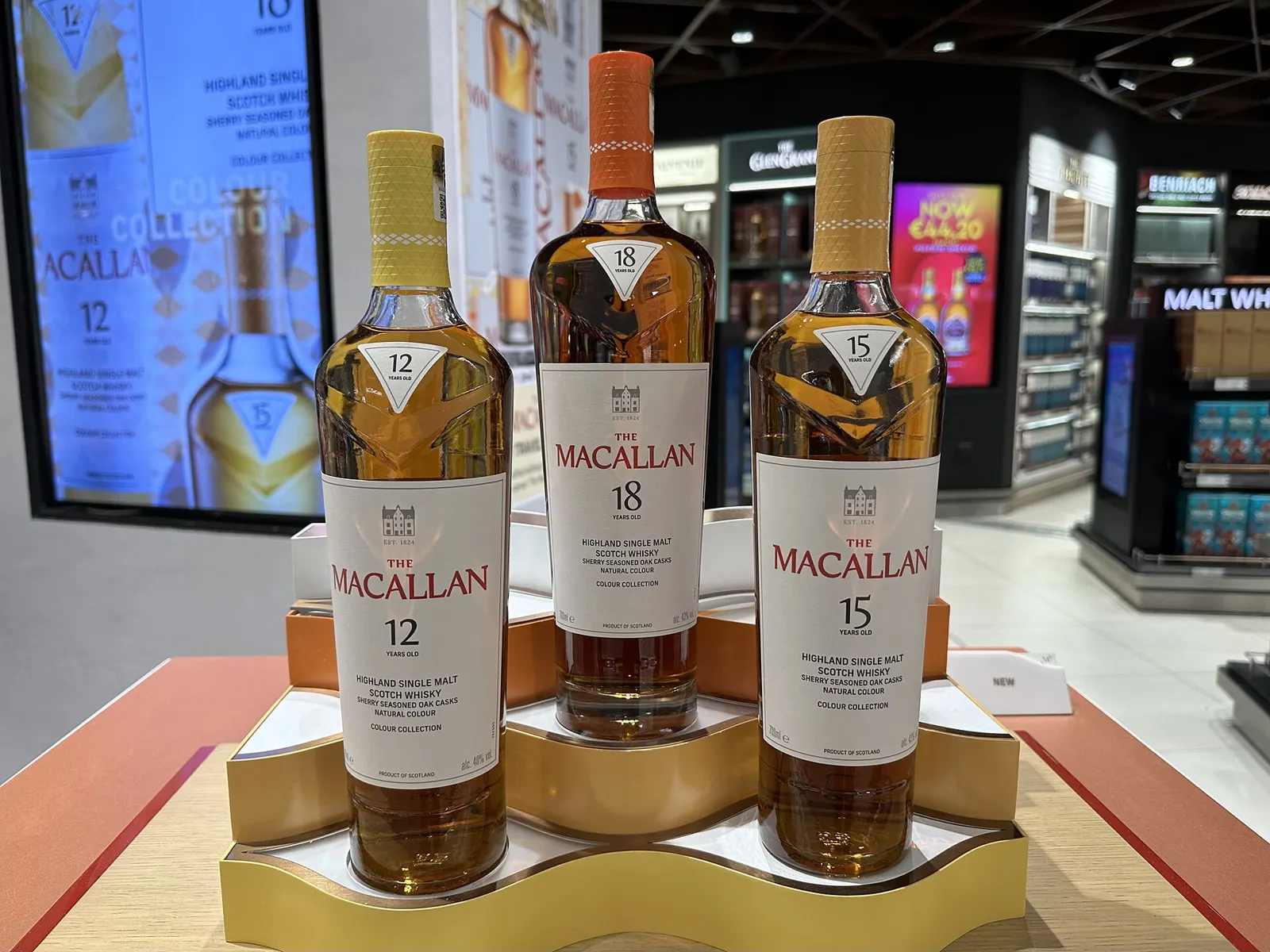 Bottles of The Macallan 12, 15 and 18 year old single malt Scotch